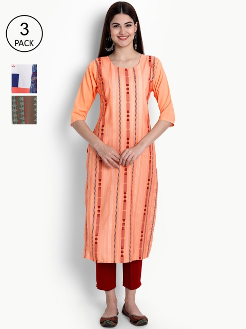 

Ethnic basket Women Pack of 3 Peach-Coloured & Green Printed Crepe Kurtas