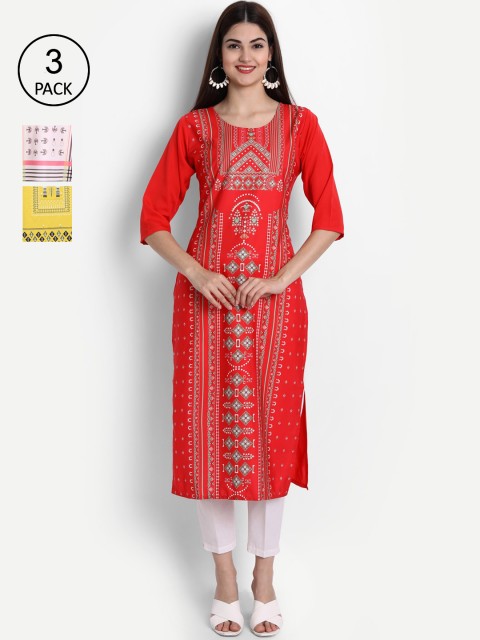 

Ethnic basket Women Pack of 3 Digital Printed Straight Kurtas, Red