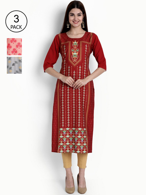 

Ethnic basket Women Maroon & Grey Pack Of 3 Ethnic Motifs Printed Crepe Kurta