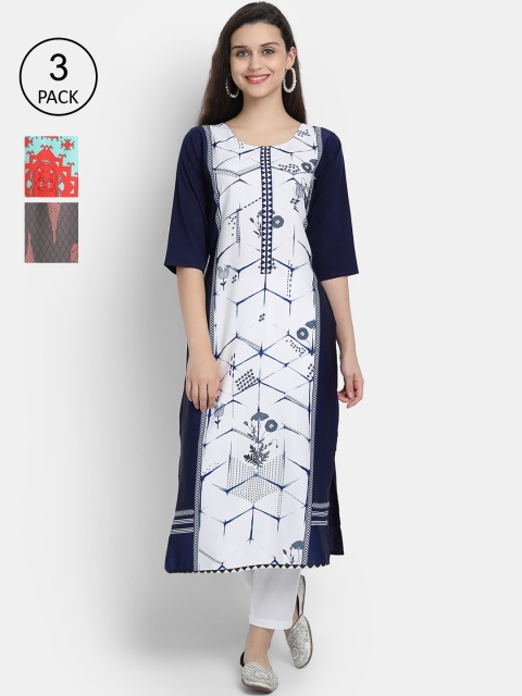 

Ethnic basket Women Pack of 3 Ethnic Motifs Printed Crepe Kurta, White