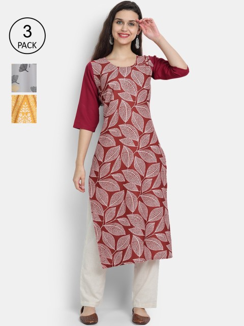 

Ethnic basket Women Pack of 3 Digital Printed Straight Kurtas, Maroon