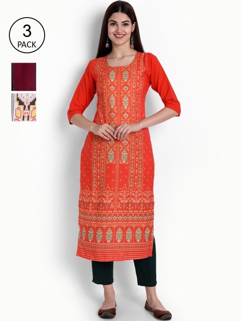 

Ethnic basket Women Pack of 3 Multicoloured Ethnic Motifs Printed Crepe Kurta, Multi