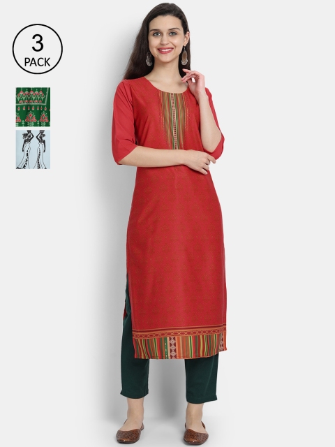 

Ethnic basket Women Red & Blue Pack Of 3 Ethnic Motifs Printed Crepe Kurta