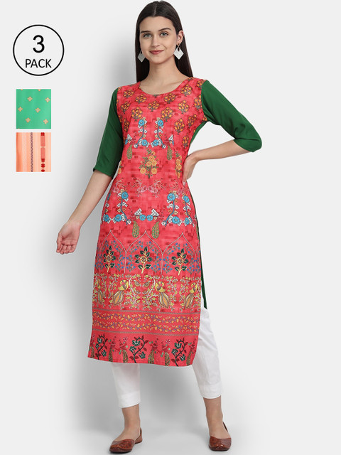 

Ethnic basket Women Pack of 3 Multicoloured Ethnic Motifs Printed Crepe Kurta, Multi