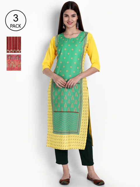 

Ethnic basket Women Pack of 3 Digital Printed Crepe Kurta, Yellow