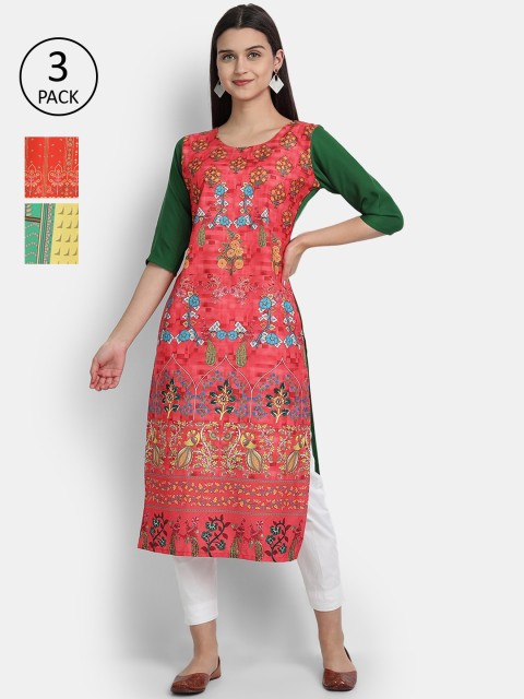 

Ethnic basket Women Set of 3 Red & Pink Floral Printed Crepe Kurta