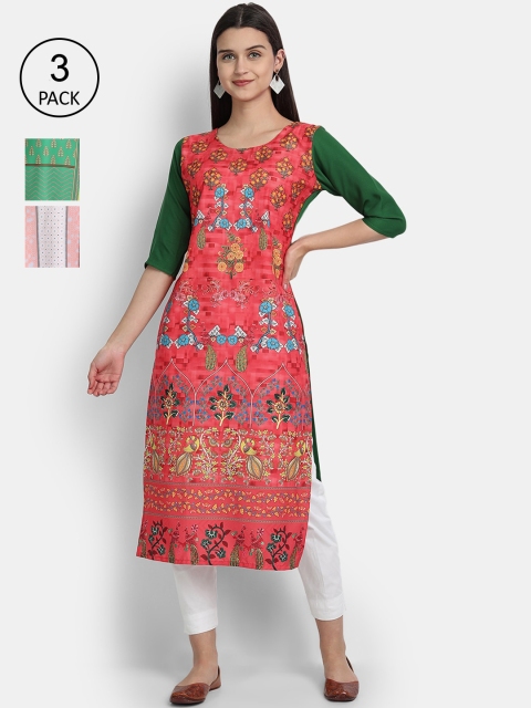 

Ethnic basket Women Pack of 3 Digital Printed Straight Kurtas, Red