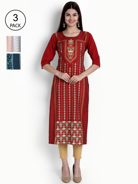 

Ethnic basket Women Pack of 3 Digital Printed Straight Kurtas, Maroon