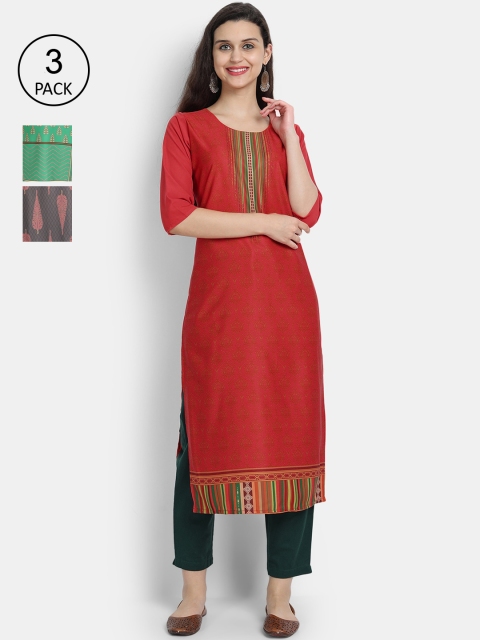 

Ethnic basket Women Set of 3 Red & Grey Ethnic Motifs Printed Crepe Kurta