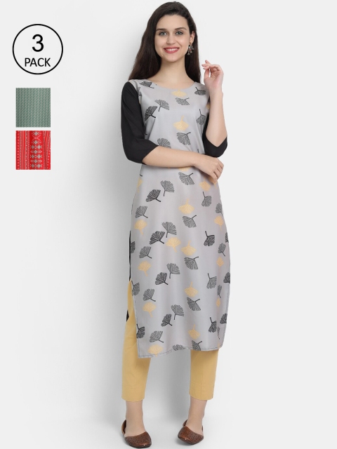 

Ethnic basket Women Pack of 3 Grey & Green Ethnic Motifs Printed Crepe Kurtas