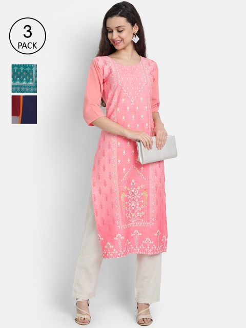 

Ethnic basket Women Pack of 3 Multicoloured Ethnic Motifs Printed Crepe Kurta, Multi