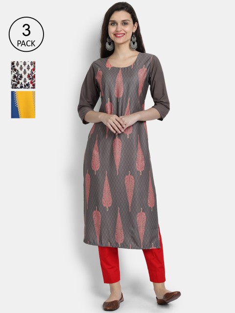 

Ethnic basket Women Pack of 3 Digital Printed Straight Kurtas, Grey
