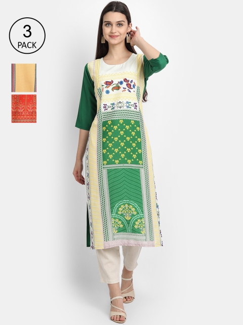 

Ethnic basket Women Pack of 3 Green & Peach-Coloured Geometric Printed Crepe Kurtas