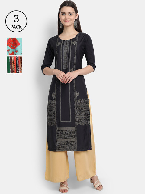 

Ethnic basket Women Pack of 3 Digital Printed Straight Kurtas, Black