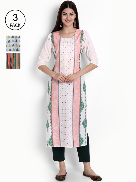 

Ethnic basket Women Set Of 3 White & Green Geometric Printed Crepe Kurta