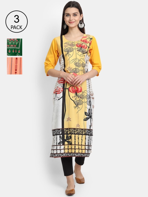 

Ethnic basket Women Pack of 3 Digital Printed Straight Kurtas, Yellow