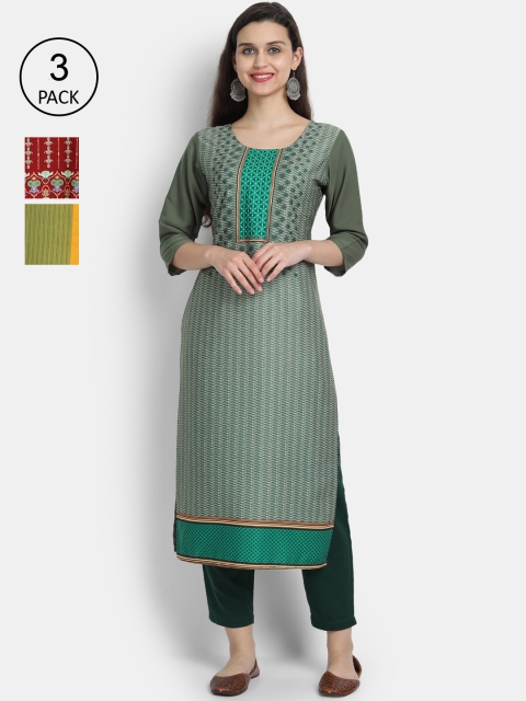 

Ethnic basket Women Pack of 3 Green & Yellow Ethnic Motifs Printed Crepe Kurtas
