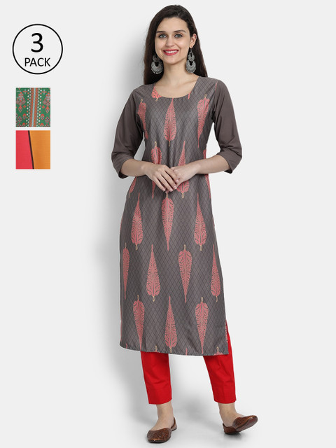 

Ethnic basket Women Set Of 3 Grey & Green Ethnic Motifs Printed Crepe Kurta