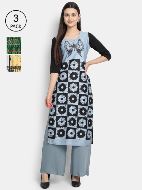 

Ethnic basket Women Pack of 3 Digital Printed Straight Kurtas, Blue