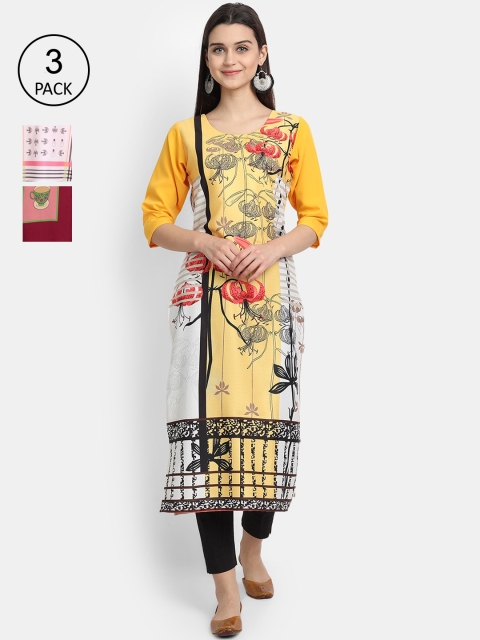 

Ethnic basket Women Pack of 3 Ethnic Motifs Printed Crepe Kurta, Yellow