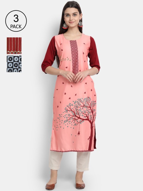 

Ethnic basket Women Pack Of 3 Digital Printed Crepe Kurta, Maroon