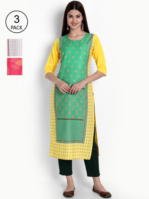 

Ethnic basket Women Pack of 3 Digital Printed Straight Kurtas, Yellow