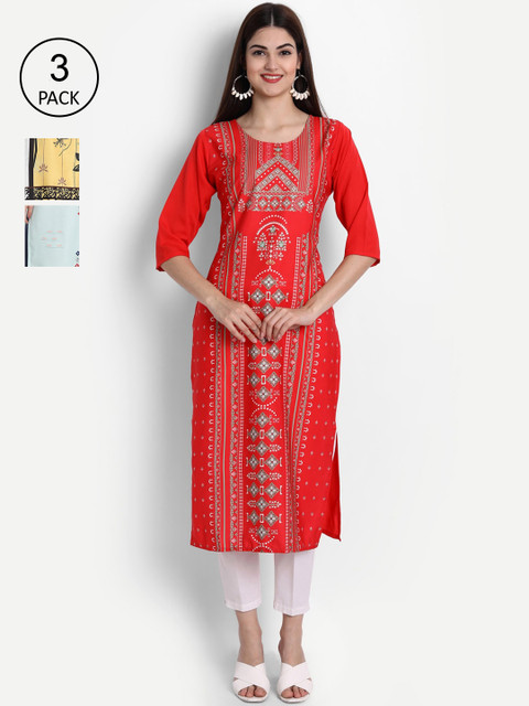 

Ethnic basket Women Pack of 3 Digital Printed Crepe Kurta, Red