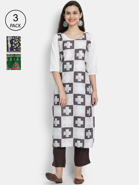 

Ethnic basket Women Green & Navy Blue Geometric Checked Crepe Kurta Pack Of 3