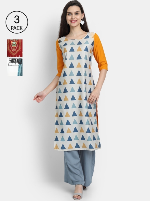 

Ethnic basket Women Set Of 3 Blue & Red Geometric Printed Crepe Kurta