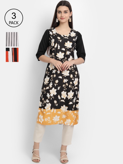 

Ethnic basket Women Pack Of 3 Digital Printed Crepe Kurta, Black