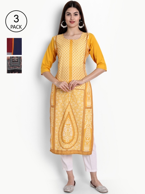 

Ethnic basket Women Pack of 3 Yellow & Black Ethnic Motifs Printed Crepe Kurtas