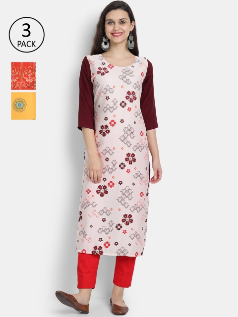 

Ethnic basket Women Pack of 3 Multicoloured Ethnic Motifs Printed Crepe Kurta, Multi