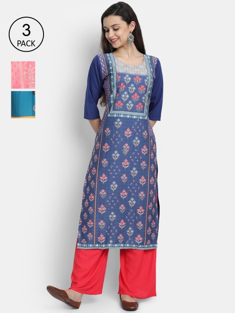 

Ethnic basket Women Blue & Pink Ethnic Motifs Printed Crepe Kurta Pack Of 3