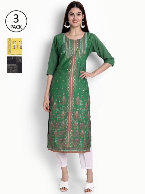 

Ethnic basket Women Pack of 3 Digital Printed Straight Kurtas, Green