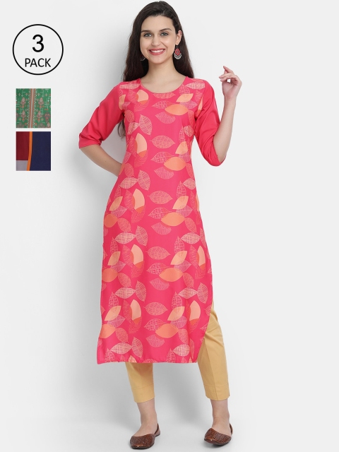 

Ethnic basket Women Pack of 3 Multicoloured Ethnic Motifs Printed Crepe Kurta, Multi