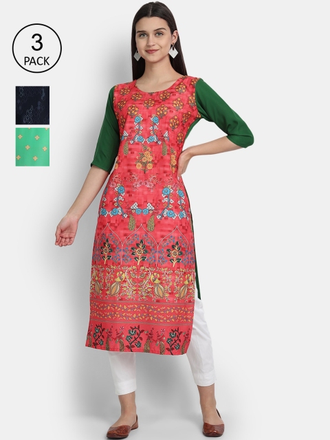 

Ethnic basket Women Pack of 3 Multicoloured Ethnic Motifs Printed Crepe Kurta, Multi