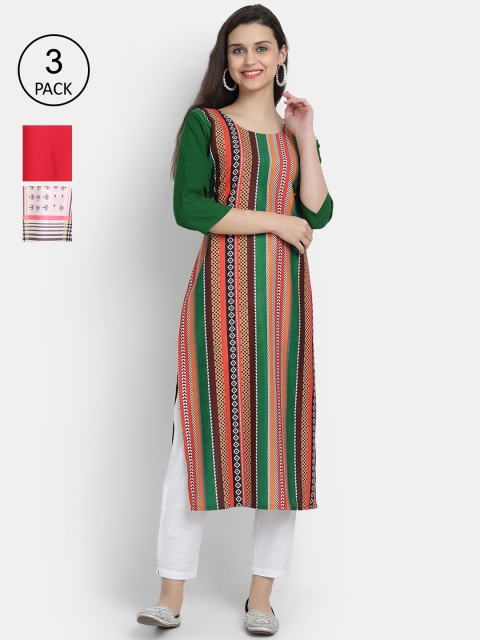 

Ethnic basket Women Set Of 3 Green & Red Geometric Printed Crepe Kurta