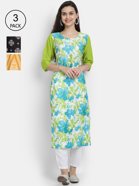 

Ethnic basket Women Pack of 3 Digital Printed Straight Kurtas, Lime green