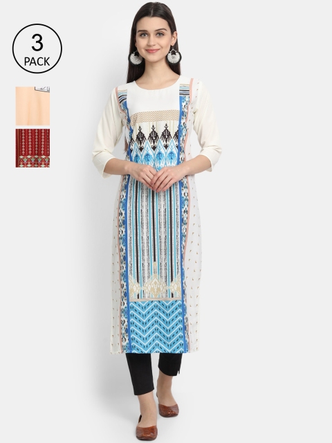 

Ethnic basket Women Pack Of 3 Digital Printed Crepe Kurta, White