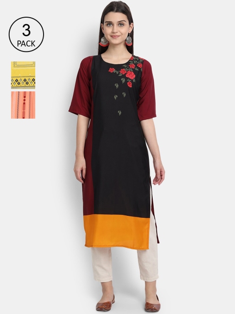 

Ethnic basket Women Pack of 3 Ethnic Motifs Printed Crepe Kurta, Black