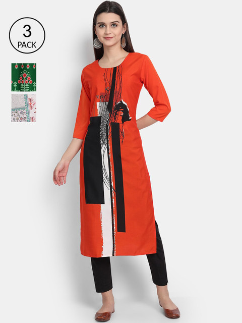 

Ethnic basket Women Set of 3 Orange & Green Floral Printed Crepe Kurta