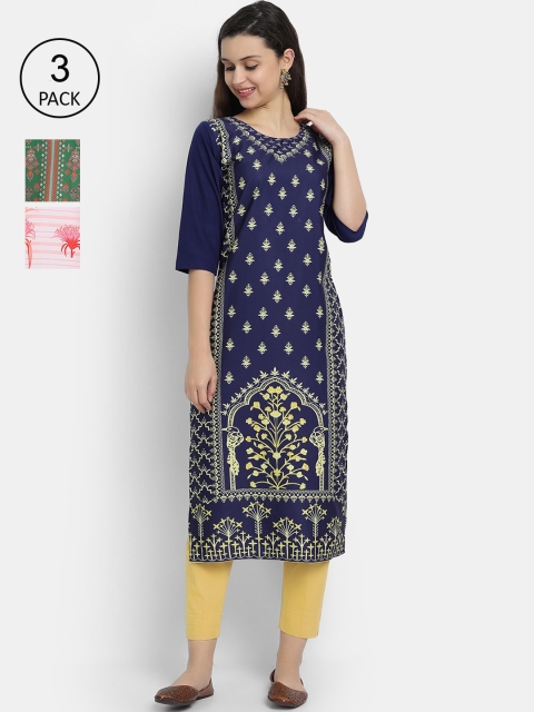 

Ethnic basket Women Navy Blue & White Pack Of 3 Ethnic Motifs Printed Crepe Kurta