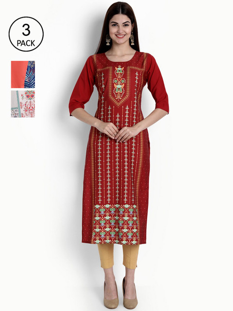 

Ethnic basket Women Set Of 2 Maroon & White Ethnic Motifs Printed Crepe Kurta