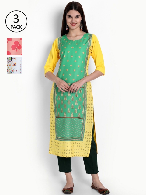 

Ethnic basket Women Green & Peach-Coloured Floral Printed Crepe Kurta Pack Of 3