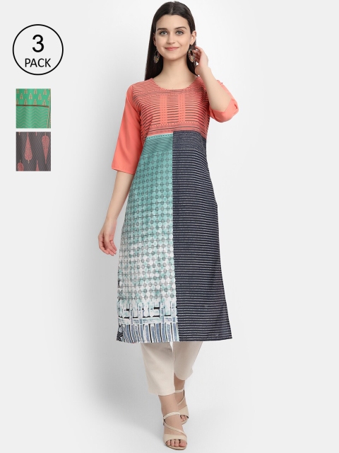 

Ethnic basket Women Pack Of 3 Digital Printed Crepe Kurta, Green