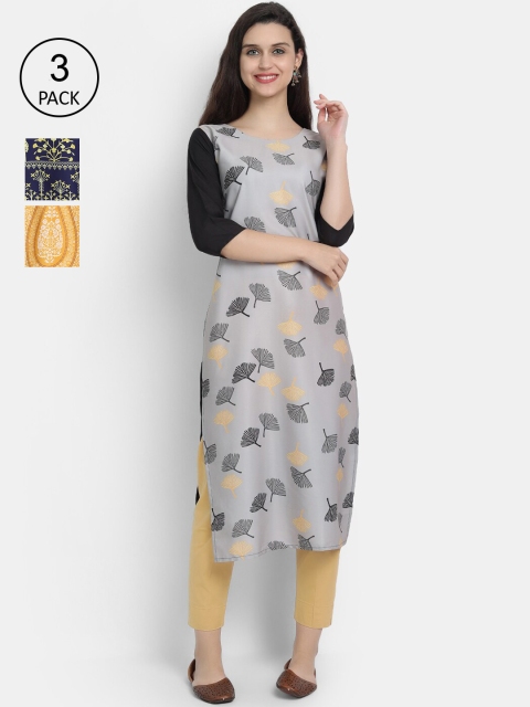 

Ethnic basket Women Pack of 3 Ethnic Motifs Printed Crepe Kurta, Grey