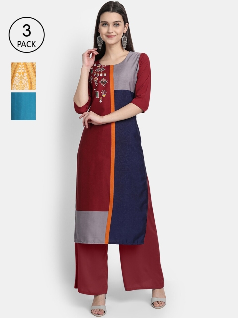 

Ethnic basket Women Maroon & Yellow Ethnic Motifs Printed Crepe Kurta Pack Of 3