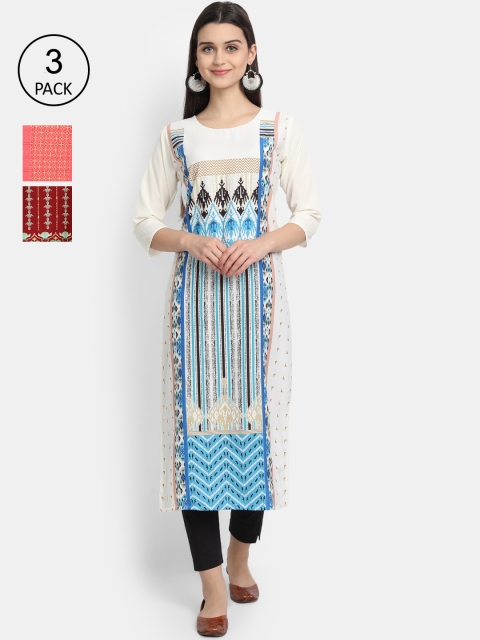 

Ethnic basket Women Pack of 3 Peach-Coloured & Maroon Printed Crepe Kurtas