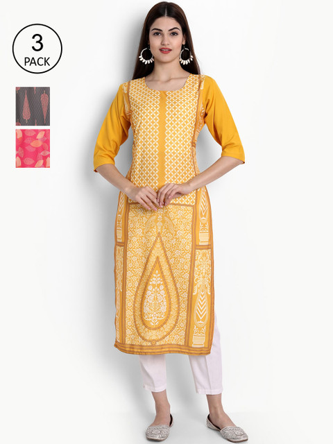 

Ethnic basket Women Set Of 3 Yellow & Grey Ethnic Motifs Printed Crepe Kurta