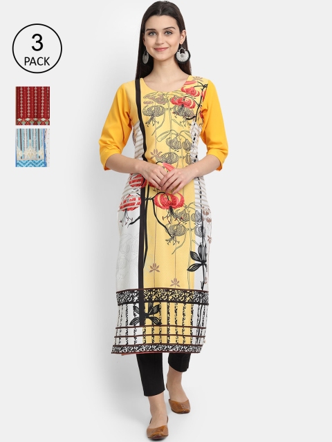 

Ethnic basket Women Set Of 3 Yellow & Maroon Floral Printed Crepe Kurta